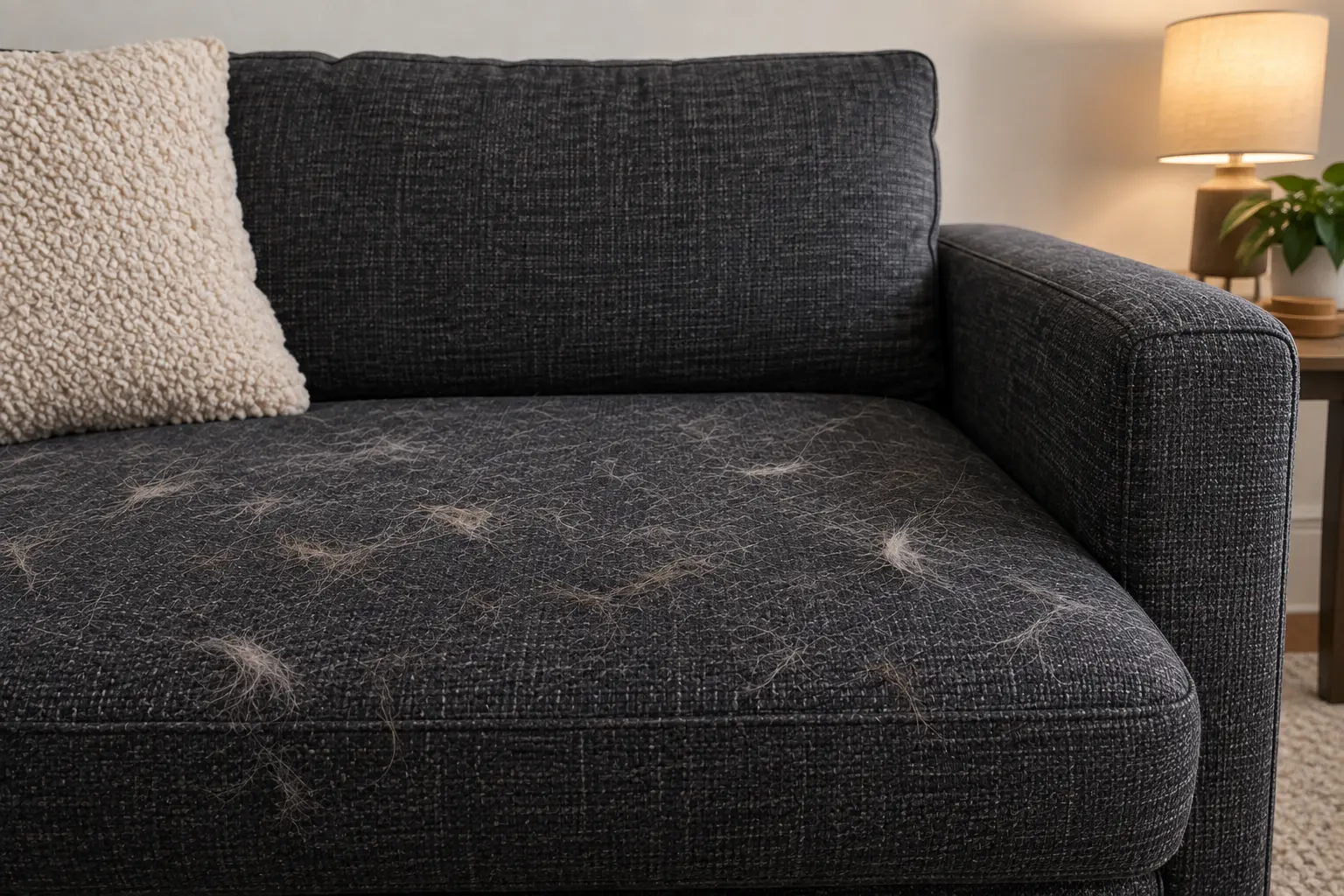 Dark charcoal couch covered in pet hair