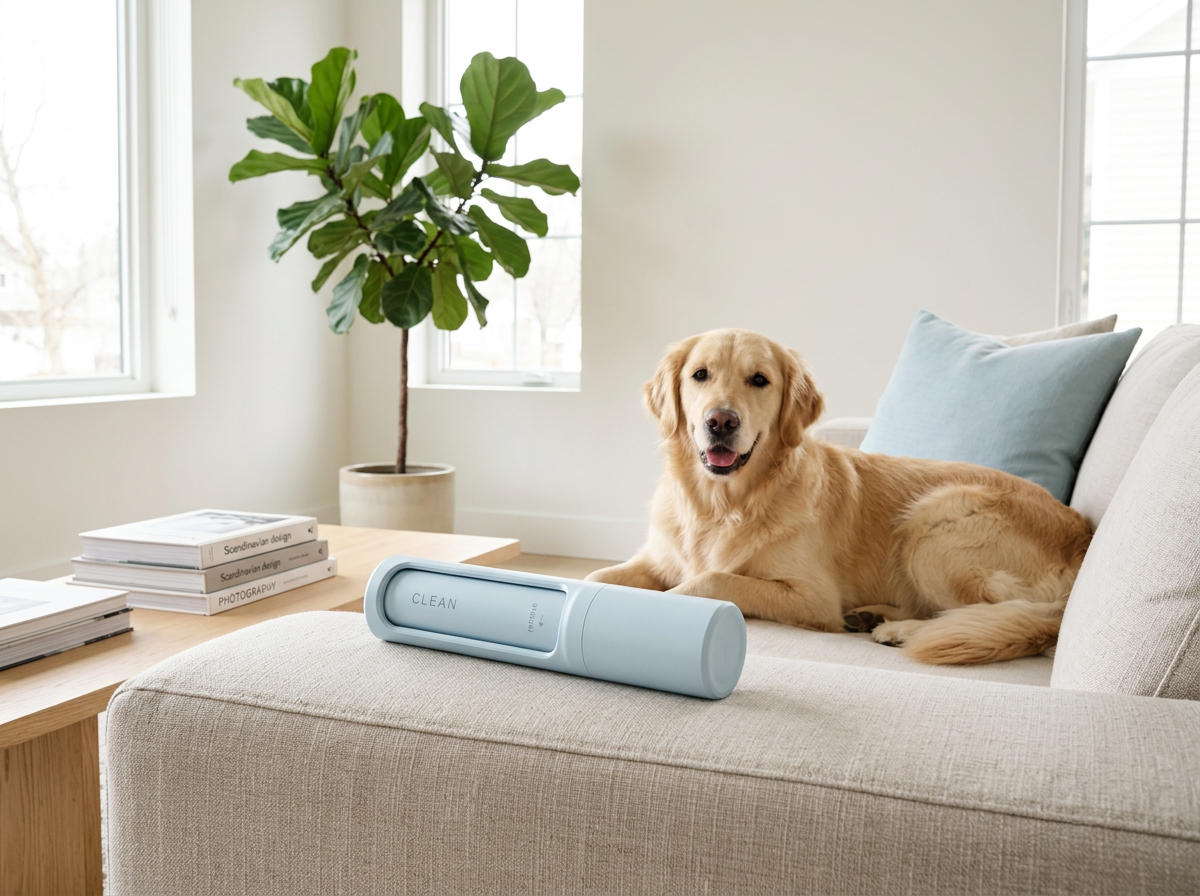 Light blue Fluff Roller on a linen sofa beside a golden retriever