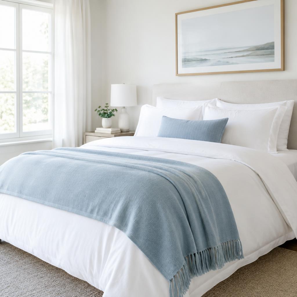 Bed made up with white bedding and a blue throw