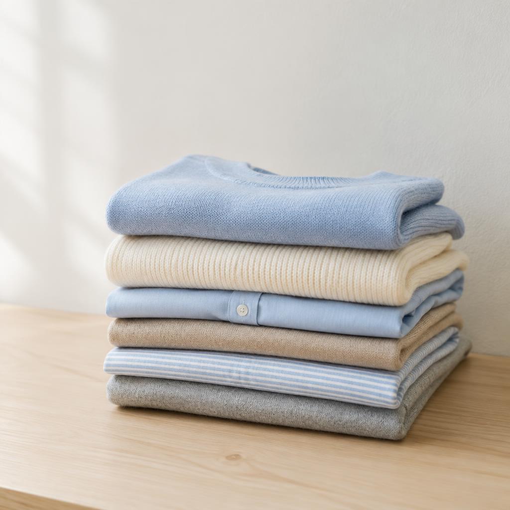 Folded clothing on a wooden table